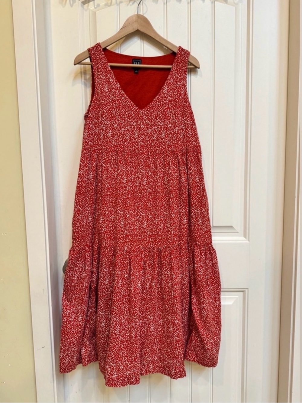 Gap Burnt Orange Speckled Cotton Midi Tiered Sleeveless Dress w Pockets. Size M